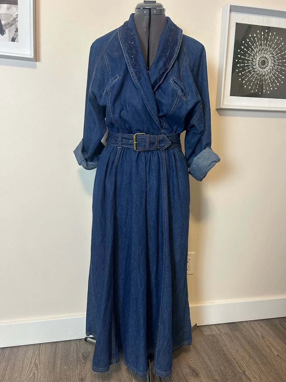 Vintage Together Dark Wash Denim Maxi Dress Beaded Collar Size 12 - Picture 1 of 7